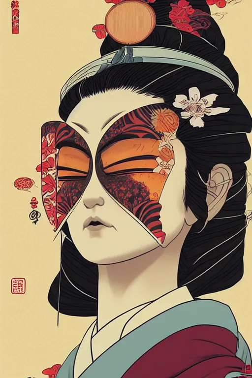 Image similar to a portrait of a japanese geisha, drawn by robbie trevino and dan mumford, poster, digital art, comic art, concept art, single head, no double head,