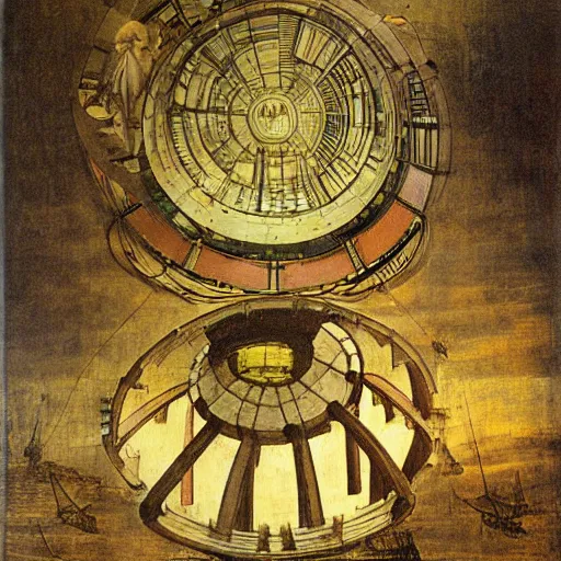 Image similar to painting of leonardo davinci building fusion reactor prototype by using wood and metal plates in italy at year 1 4 7 8.