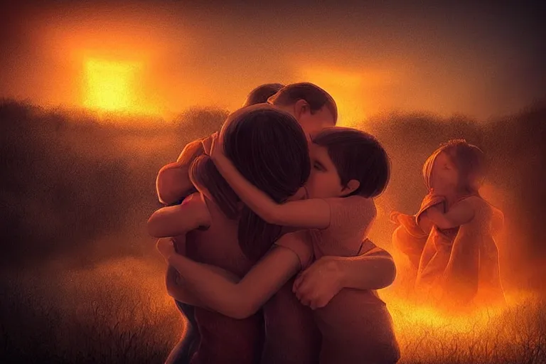 Image similar to “A family hugging each other for the last time as the world is ending, meteors are falling from the sky, everything is on fire, dramatic lighting, digital art, beautiful, 8K, dark lighting, trending on Artstation, award winning”