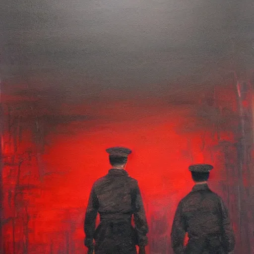 Image similar to end of war, red flags, dark, dark colors, 3 soldiers, foggy scene, oil painting, japan