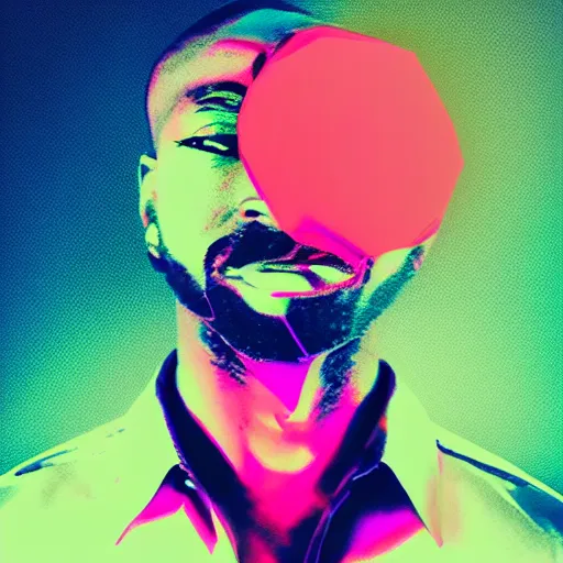 Image similar to an album cover of a man with his hand on his chin, featured on unsplash, afrofuturism, synthwave anaglyph filter, studio portrait