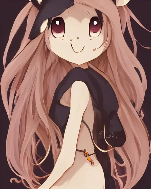 Prompt: A cute wakfu-style frontal painting of a very very beautiful anime skinny mousegirl with long wavy brown colored hair and small mouse ears on top of her head wearing a cute black dress and black shoes looking at the viewer, elegant, delicate, feminine, soft lines, higly detailed, smooth , pixiv art, ArtStation, artgem, art by alphonse mucha Gil Elvgren and Greg rutkowski, high quality, digital illustration, concept art, very long shot