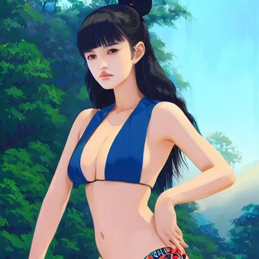 Image similar to a beautiful young japanese natalie portman alluring gravure model, stylized concept art, wearing elegant designer bomber jacket and one piece bikini, bomber jacket with mesoamerican patterns, mesoamerican native street fashion, princess mononoke, painted by ilya kuvshinov aesthetic, gorgeous, stunning, alluring, attractive, artstation, pinterest, digital art