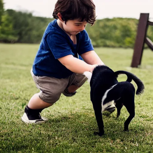 Image similar to a short guy playing with his black and white dog