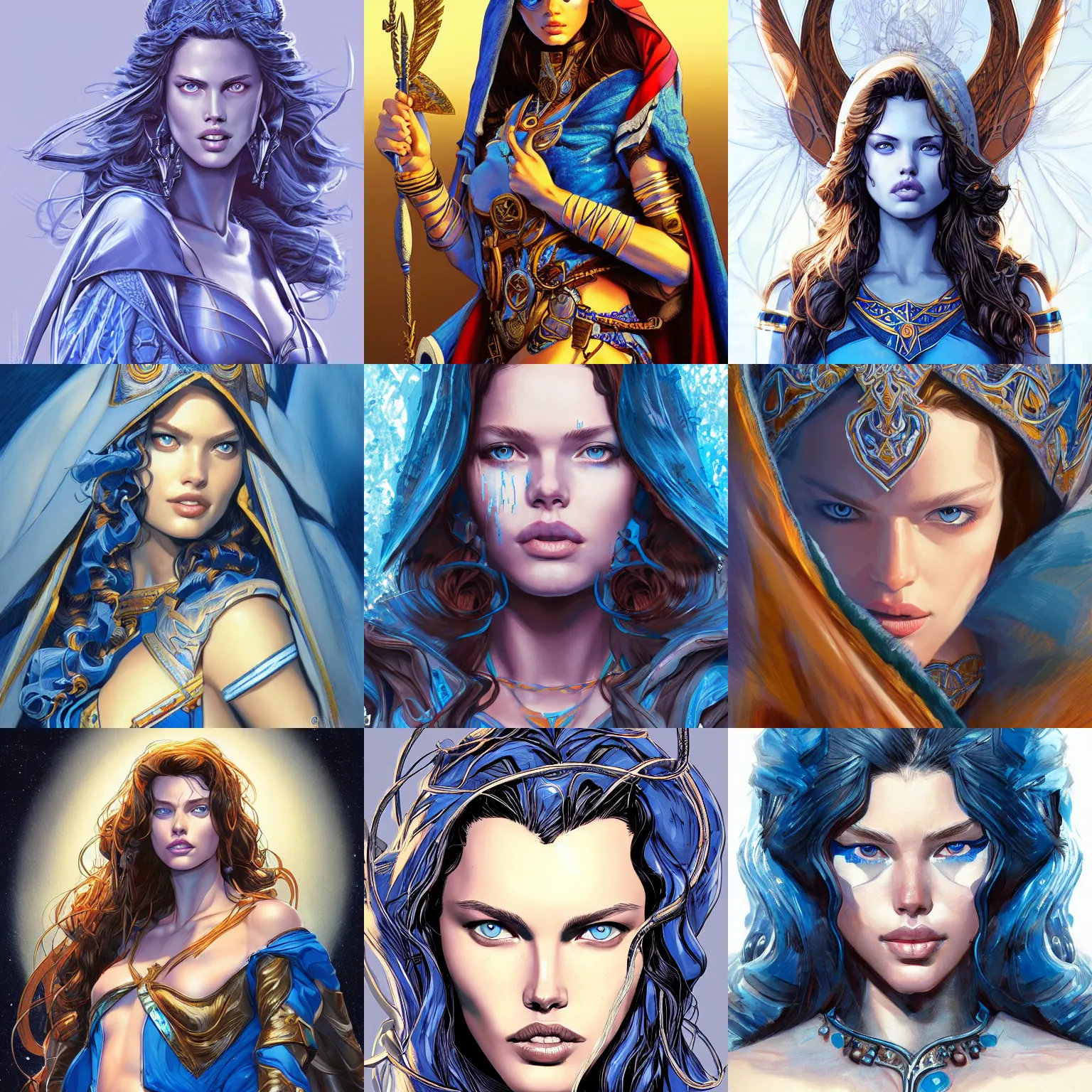 Prompt: portrait of Emily DiDonato as an priestess , beautiful detailed blue eyes, art by Patrick Gleason and Mobius , highly detailed, award winning, artstation