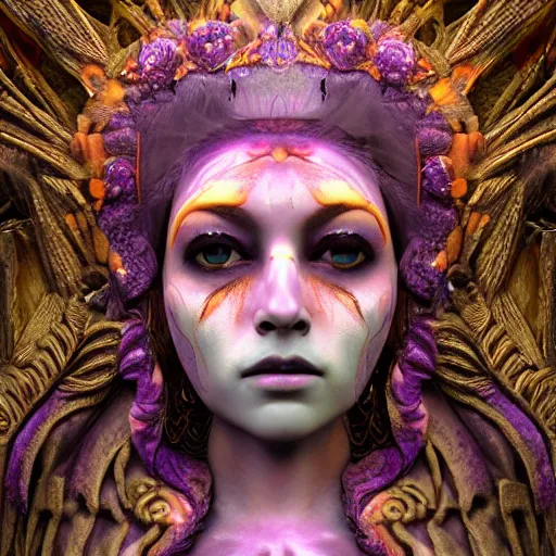 Image similar to a beautiful detailed 3d matte painting of female goddess of the dead, ominous, magical realism, texture, intricate, purple torn fabric, radiant colors, fantasy, trending on artstation, volumetric lighting, micro details, 3d sculpture, ray tracing