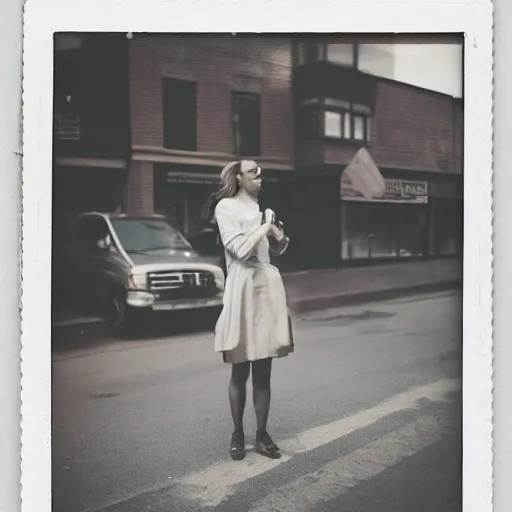 Prompt: instant photograph of a woman smoking in the streets, polaroid, rule of thirds, nostalgic, modern clothing, raw, light leak