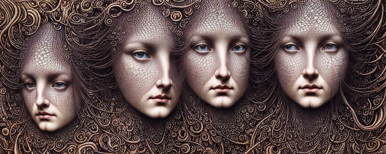 Image similar to hyperrealistic stunning goddess face portrait by jean delville, gustave dore, iris van herpen and marco mazzoni, art forms of nature by ernst haeckel, art nouveau, symbolist, masterpiece, visionary, gothic, neo - gothic, pre - raphaelite, fractal lace, intricate alien botanicals, ai biodiversity, surreality, hyperdetailed ultrasharp octane render