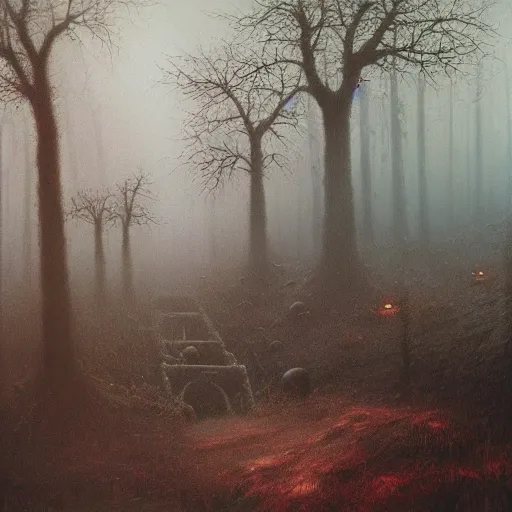 Prompt: a highly detailed oil painting of a bruning old town in a dark mystical forest, beksinski, moody, atmospheric, volumetric light, 4 k