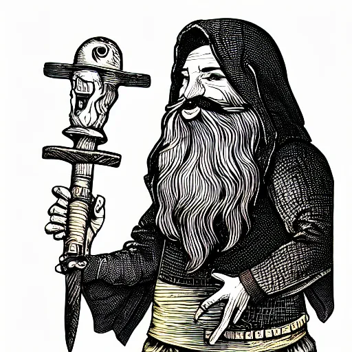 Image similar to wizard with beard, holding a bomb, dnd, high detail, fantasy, in the style of vintage antique illustration and line drawing, engraving, medieval line drawing