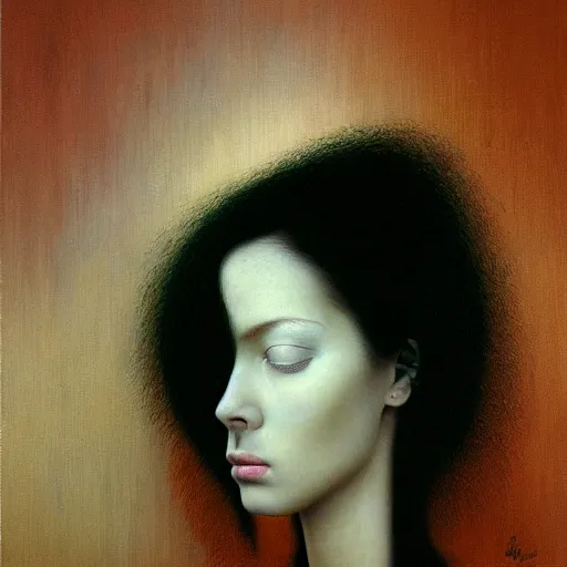 Prompt: portrait of young female in smoking suite with pale white skin and short black hairs, painting by Beksinski