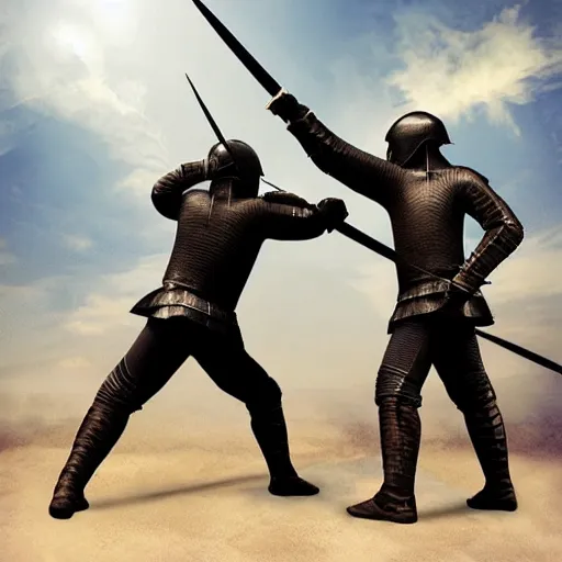 Prompt: Two knights sword fighting, hyper realistic, HD, HQ, photo realistic