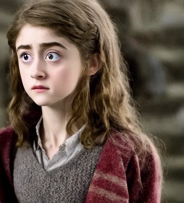 Image similar to beautiful cute young natalia dyer in harry potter, movie still frame, hd, remastered, cinematic lighting