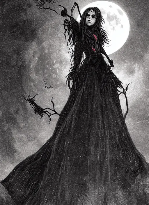 Image similar to portrait, A witch in front of the full big moon, book cover, red white and black colors, dramatic lighting, cinematic, establishing shot, extremly high detail, foto realistic, cinematic lighting, intricate line drawings, by Yoshitaka Amano, Ruan Jia, Kentaro Miura, Artgerm, post processed, concept art, artstation, matte painting, style by eddie mendoza, raphael lacoste, alex ross