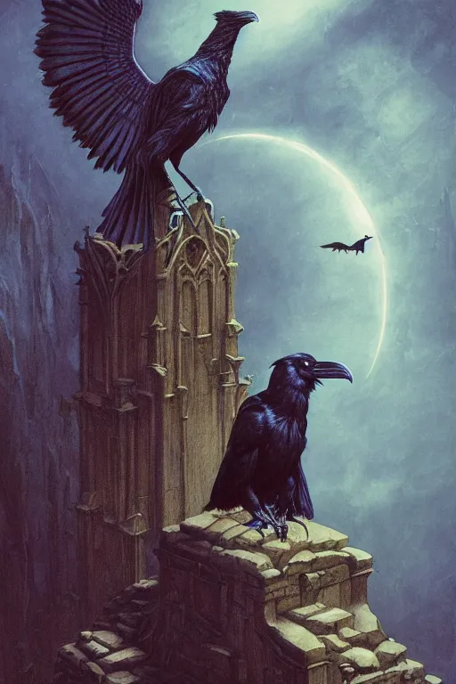 Prompt: realistic raven perched on a statue of a beautiful woman in a dark gothic room, gothic light, cinematic light, by wayne barlowe, peter mohrbacher, kelly mckernan, james o barr, 8 k, dark fantasy