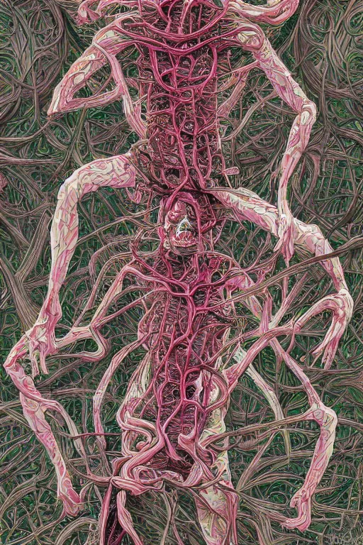 Prompt: Body breaking apart, Conjuring Psychedelic Illustration by Shintaro Kago, ultra realistic, highly detailed, beautiful detailed intricate insanely detailed octane render trending on Artstation, symmetrical, grotesque, 8K artistic photography,