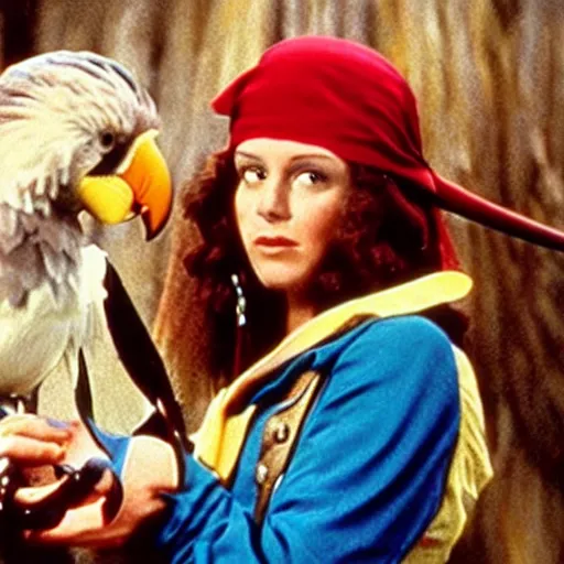 Prompt: Swashbuckling pirate holding her parrot, colorized still from the movie a trip to the moon