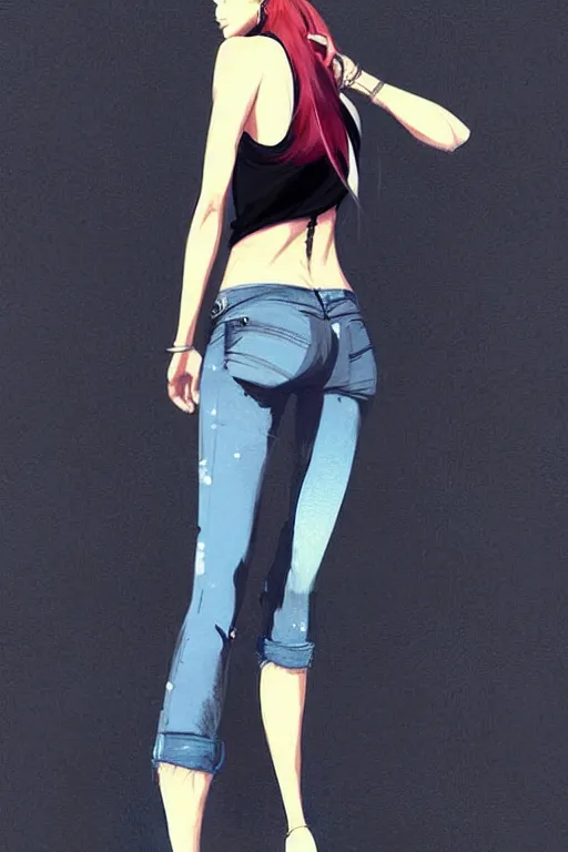 Image similar to a ultradetailed beautiful full body painting of a stylish woman with a ponytail, she is wearing a black tank top and jeans, by conrad roset, greg rutkowski and makoto shinkai trending on artstation