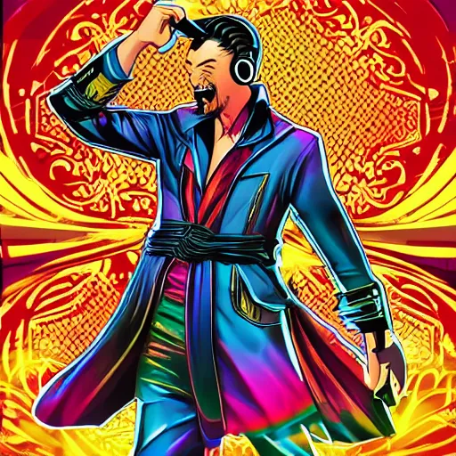 Image similar to artgerm, psychedelic laughing cybertronic dr. strange, rocking out, headphones dj rave, digital artwork, r. crumb, svg vector