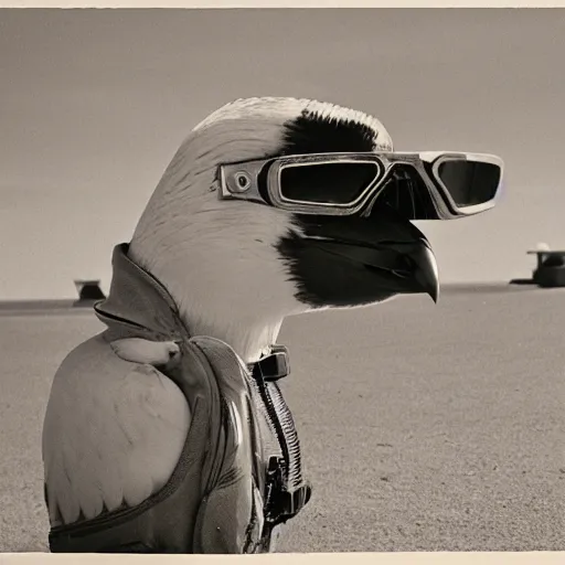 Image similar to a seagull wearing aviator goggles firing a machinegun