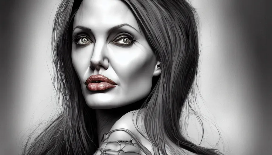 Image similar to angelina jolie by roger dean, by hr giger, biomechanical, profile portrait, hyper detailed, hyperrealism, deviantart, artstation, 4 k, highly detailed, vray rendering, unreal engine