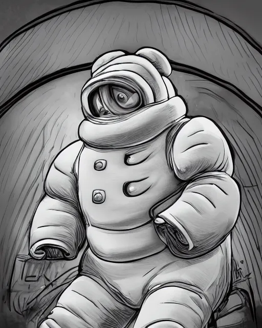 Image similar to hdr monochrome portrait of the michelin man being arrested, intricate, accurate facial details, volumetric lighting