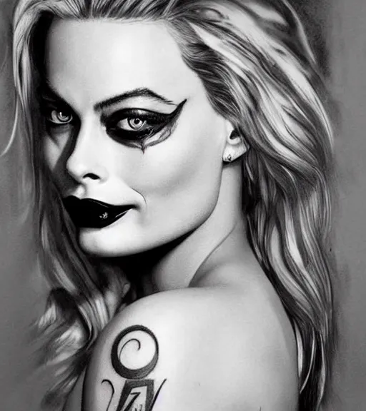 Prompt: tattoo design sketch of beautiful margot robbie portrait with joker makeup, in the style of den yakovlev, realistic face, black and white, faded edges, realism tattoo, hyper realistic, highly detailed