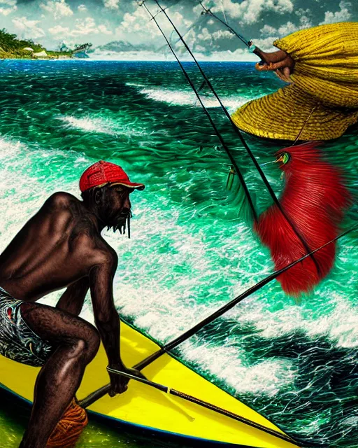 Image similar to Fisherman, Jamaican Male Fisherman, casting fishing rod into the sea, Illustration, Third-Person View, Depth of Field, Colorful with Yellow Green Black Red, calico cloth, insanely detailed and intricate, hypermaximalist, jamaican vibe, hyper realistic, super detailed, by Charlie Bowater, by Karol Bak