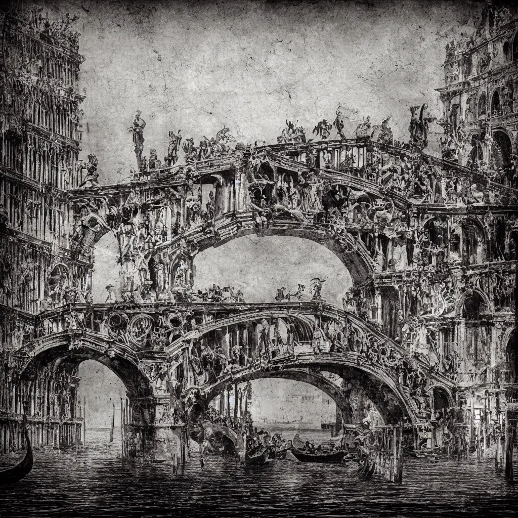 Image similar to oniric dream of the bridges of venice by piranesi, historic, ancient venice, composition, cinematic, rule, grid