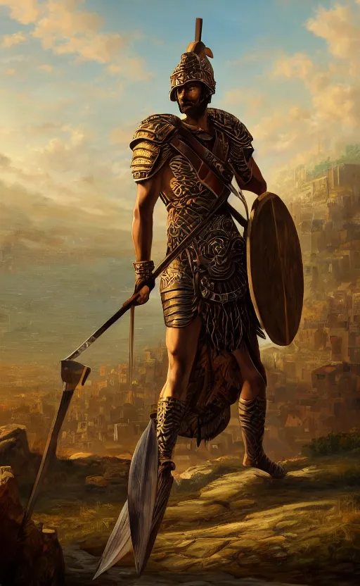 Image similar to a painting of a hoplite with a spear and shield, a city in the background, ultra detailed, high fantasy, 4 k, trending on artstation, cinematic, concept design