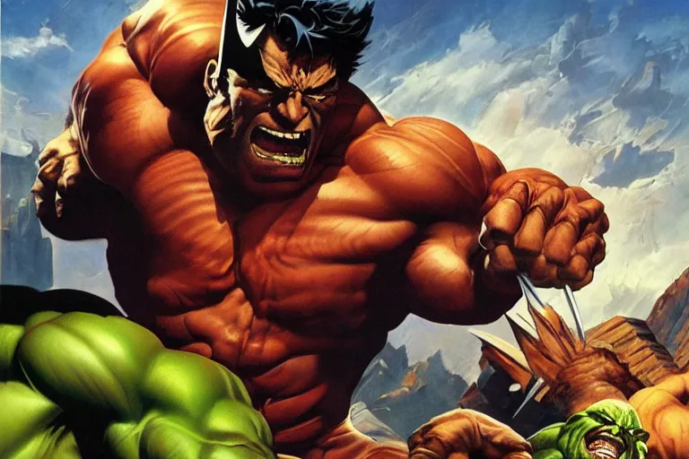 Prompt: Wolverine fighting the Hulk by Frank Frazetta and by Joe Jusko and by Alex Ross, oil painting, detailed, proportional, trending on art station, 4k