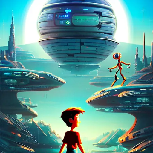 Image similar to a spectacular film poster of an adventurous boy ( facing the camera ) and his small robot friend, futuristic city background, eleborate composition with foreground and background, depth of field, fantasy illustration by kyoto studio, don bluth!!!, square enix, disney animation film, cinematic lighting