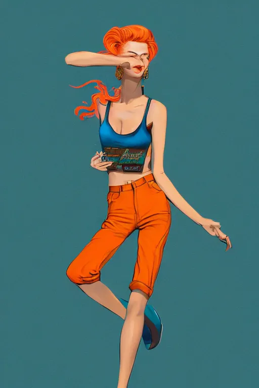 Image similar to a award winning half body portrait of a beautiful caucasian woman in a croptop and cargo pants with ombre orange blue teal hairstyle with head in motion and hair flying by will eisner, outrun, vaporware, digital art, trending on artstation, highly detailed, fine detail, intricate