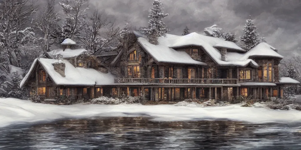 Image similar to an oil painting of a lakehouse in winter, masterpiece, highly detailed, high quality, 4 k, anatomically correct, hyperrealistic, concept art, octane render, unreal engine 5, trending on artstation, trending on deviantart, matte, historical painting, fantasy style, path traced, high coherence, soft lighting, digital painting, mythical