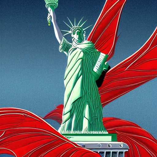 Image similar to Lady Liberty riding the red dragon, highly detailed, digital painting, smooth, sharp focus, illustration