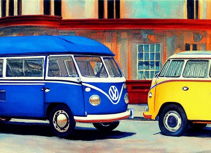 Image similar to detailed painting of two young men and women in front of blue colored vw bus by edward hopper, bernardo bertolucci dreamers movie scene