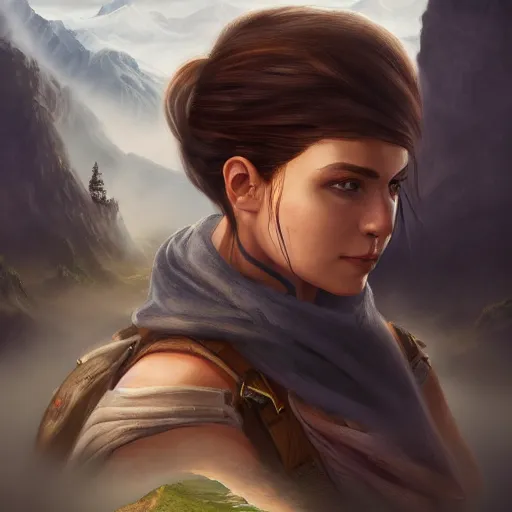 Image similar to highly detailed beautiful digital portrait painting of an adventurer woman facing away from the camera, looking at cliffs and mountains in the distant fog, trending on artstation, cgsociety