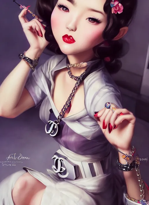 Image similar to a pin up and beautiful fashion dreamlke japan girl with lv jewelry, character art, art by artgerm, wlop, loish, hyperdetailed, 8 k realistic, symmetrical, global illumination, radiant light, frostbite 3 engine, cryengine, dof, trending on artstation, digital art, chanel, dior, detailed background