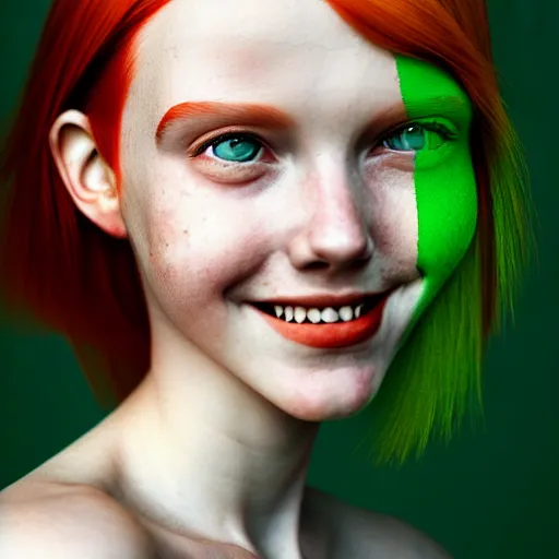 Prompt: a fantastic portrait photograph of a smiling girl with red hair and green eyes by Alessio Albi, symmetrical face, artstation, deviantart, hyperrealism