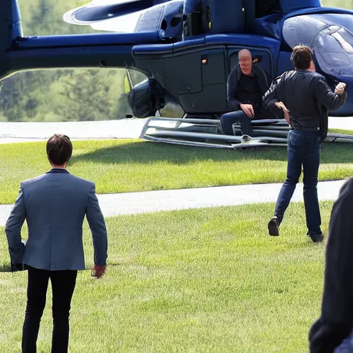 Image similar to Tom Cruise waving to fans. He's wearing bluejeans and a green jacket, Ralph Lauren. A helicopter is in the background. Shallow depth of field