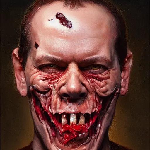 Image similar to a portrait of dmitry medvedev, flesh eating worms, macabre, horror saw teeth, horror rotten teeth, by donato giancola and greg rutkowski and wayne barlow and zdzisław beksinski, realistic face, visible face, digital art, artstation, symmetry