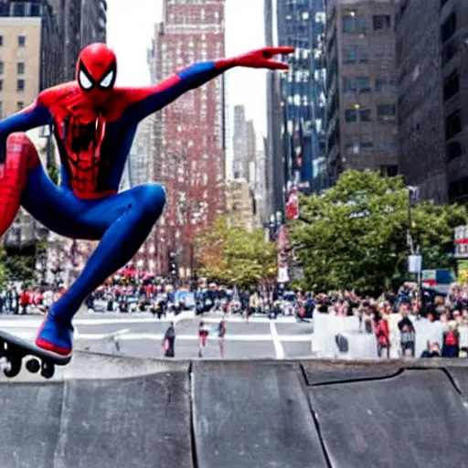 Image similar to spider - man performs a perfect kick flip on his skateboard in new york city whilst a crowd watches, beautiful photograph