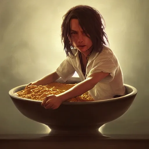 Image similar to tiny johnny depp in a bowl of chip dip, ultra high detailed, oil painting, greg rutkowski, charlie bowater, yuumei, yanjun cheng, unreal 5, daz, hyperrealistic, octane render, rpg portrait, dynamic lighting