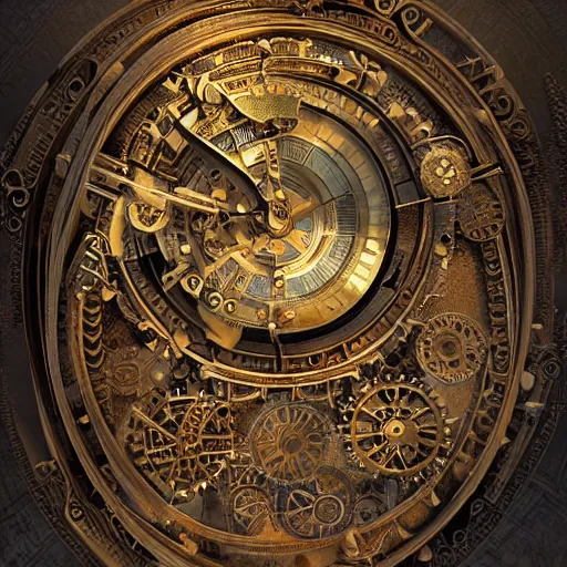 Prompt: complex magic mechanism, time machine flying over the earth, steampunk, indian style, ornament, mechanism leaving, a luminous trail, intricate clockwork, photorealistic rendering, 4 k rendering, intricate details,