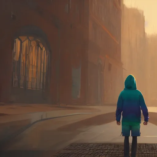 Image similar to View from back of a guy wearing a colorful hoodie, by Greg Rutkowski, James Gilleard, Jordan Grimmer digital art , CGSociety, Unreal Engine, 4K, 8K