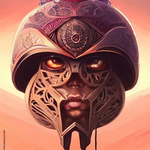 Prompt: professional ominous concept art portrait of a character with a mandala helmet by artgerm and greg rutkowski. an intricate, elegant, highly detailed digital painting, concept art, smooth, sharp focus, illustration, in the style of simon stalenhag, wayne barlowe, and igor kieryluk.