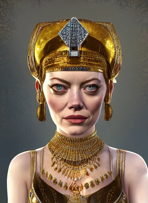 Prompt: dessert portrait of emma stone as cleopatra, hyper detailed, digital art, trending in artstation, cinematic lighting, studio quality, smooth render, unreal engine 5 rendered, octane rendered, art style by klimt and nixeu and ian sprigger and wlop and krenz cushart.