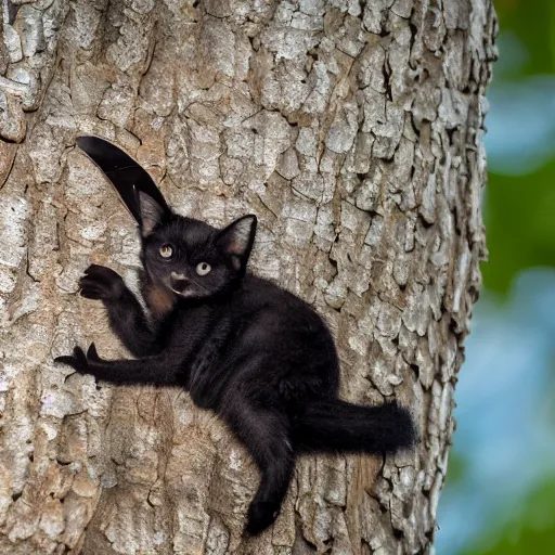 Image similar to a bat kitten, in a tree, Canon EOS R3, telephoto, very detailed, 4k