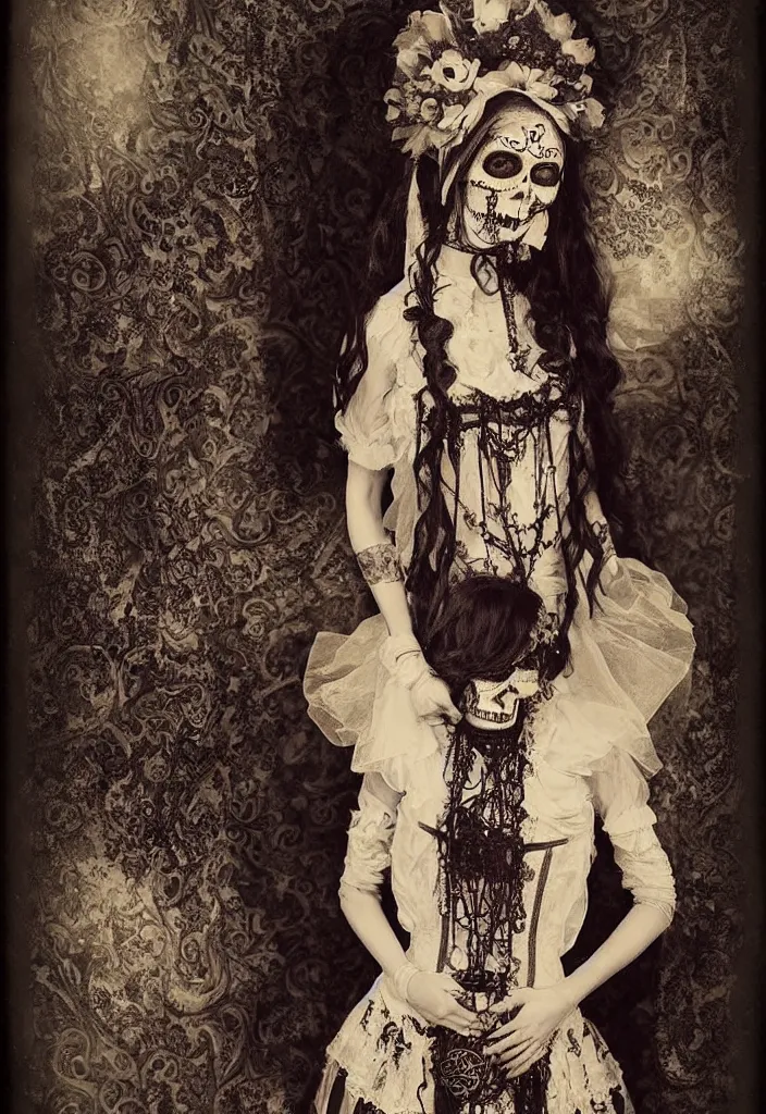 Image similar to tintype full body view, woman religous veil, dia de muertos dress and make up, corset garters and stockings, horrific beautiful vibe, evocative, atmospheric lighting, painted, intricate, highly detailed,