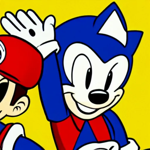 Image similar to 1940s disney film about super mario and sonic the hedgehog